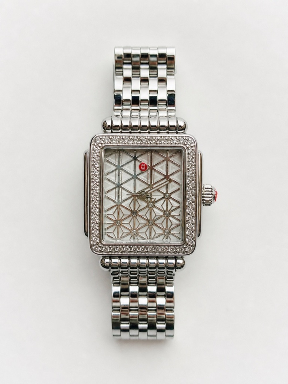 Michele Silver Crystal-Set Square Bracelet Watch with Mother-of-Pearl Dial